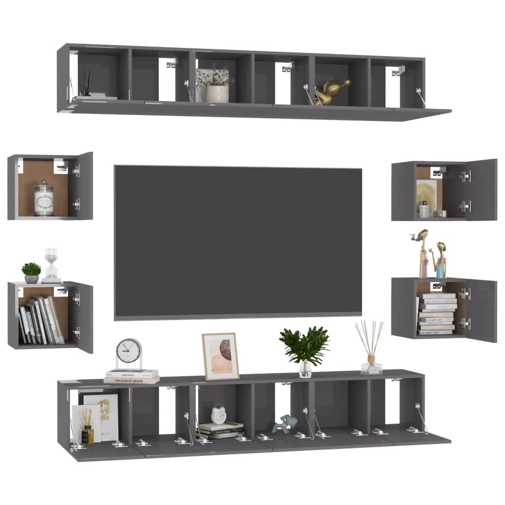vidaXL Ensemble de meubles TV 10 pcs Gris brillant en bois d'ingénierie