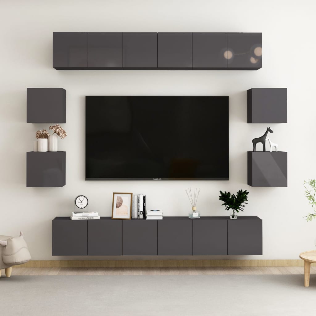 vidaXL Ensemble de meubles TV 10 pcs Gris brillant en bois d'ingénierie