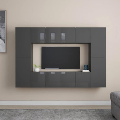 vidaXL Meuble TV, 8 pcs, gris brillant, bois d'ingénierie