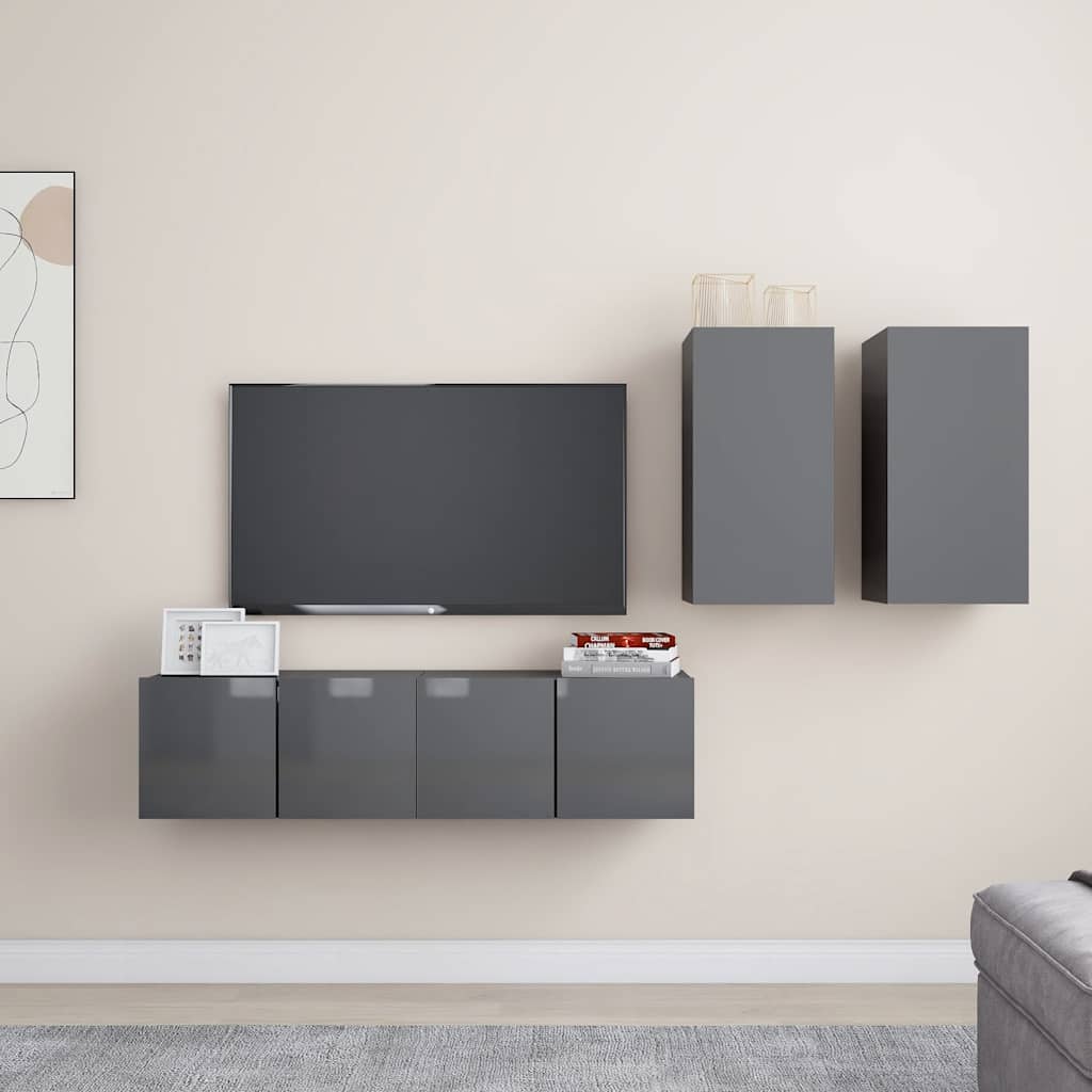 vidaXL Meuble TV 4 pcs Gris brillant Bois d'ingénierie