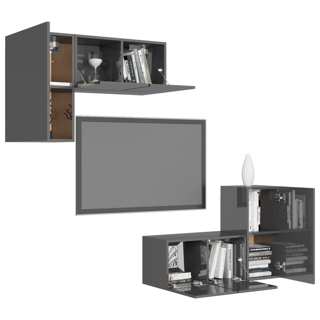 vidaXL Meuble TV 4 pcs Gris brillant Bois d'ingénierie