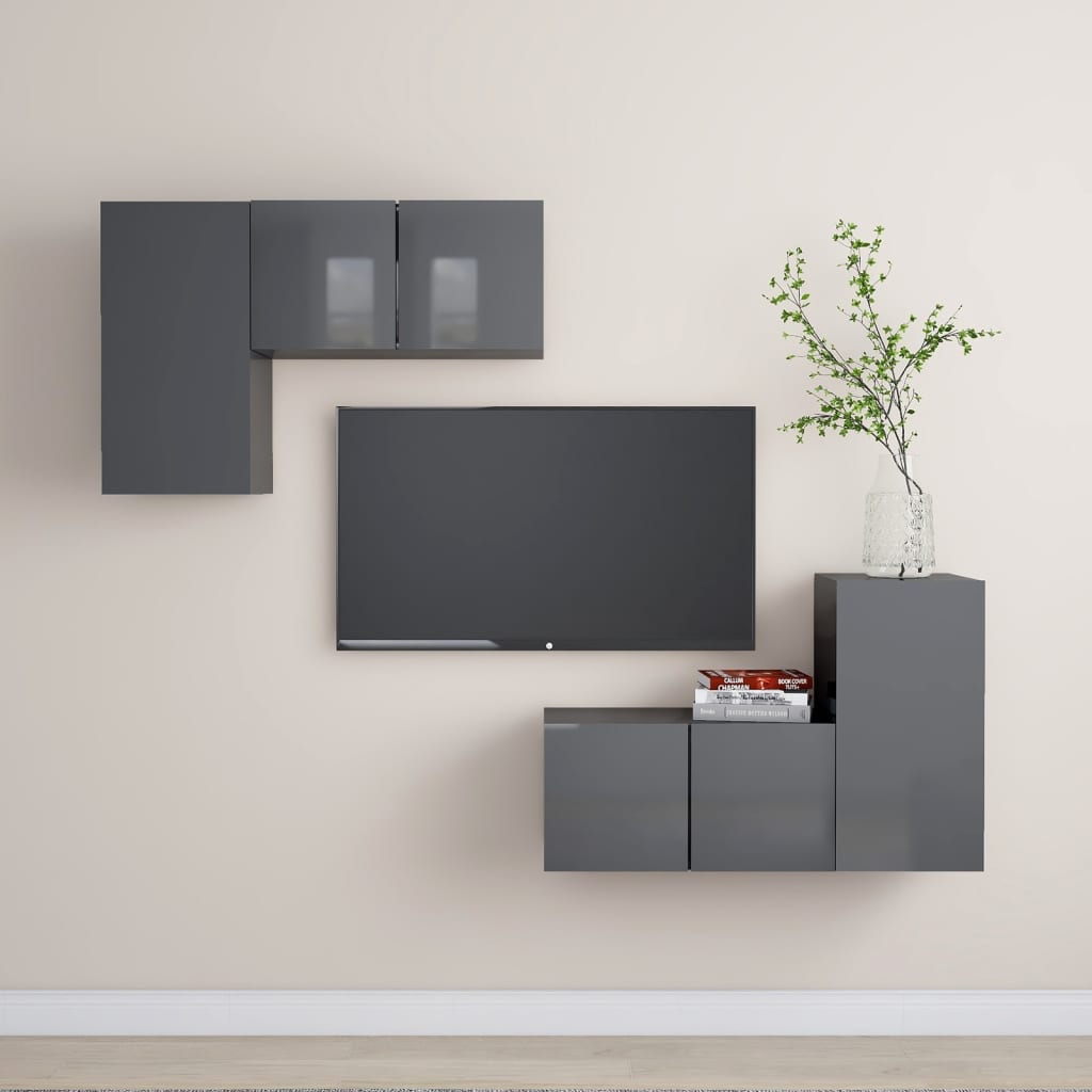 vidaXL Meuble TV 4 pcs Gris brillant Bois d'ingénierie