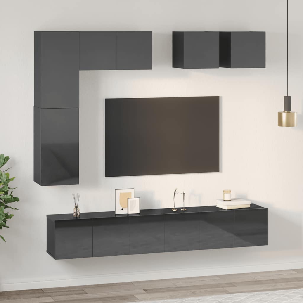 vidaXL Meuble TV, 8 pcs, gris brillant, bois d'ingénierie