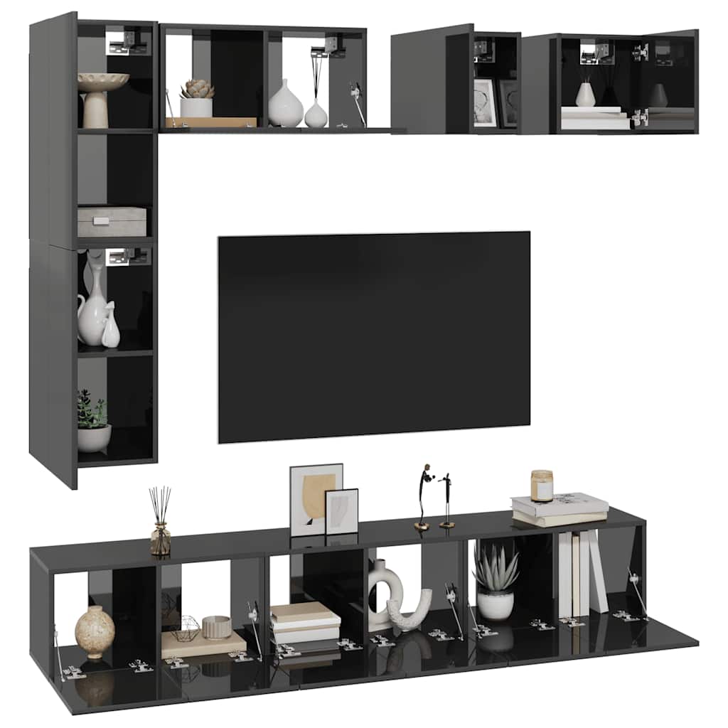 vidaXL Meuble TV, 8 pcs, gris brillant, bois d'ingénierie