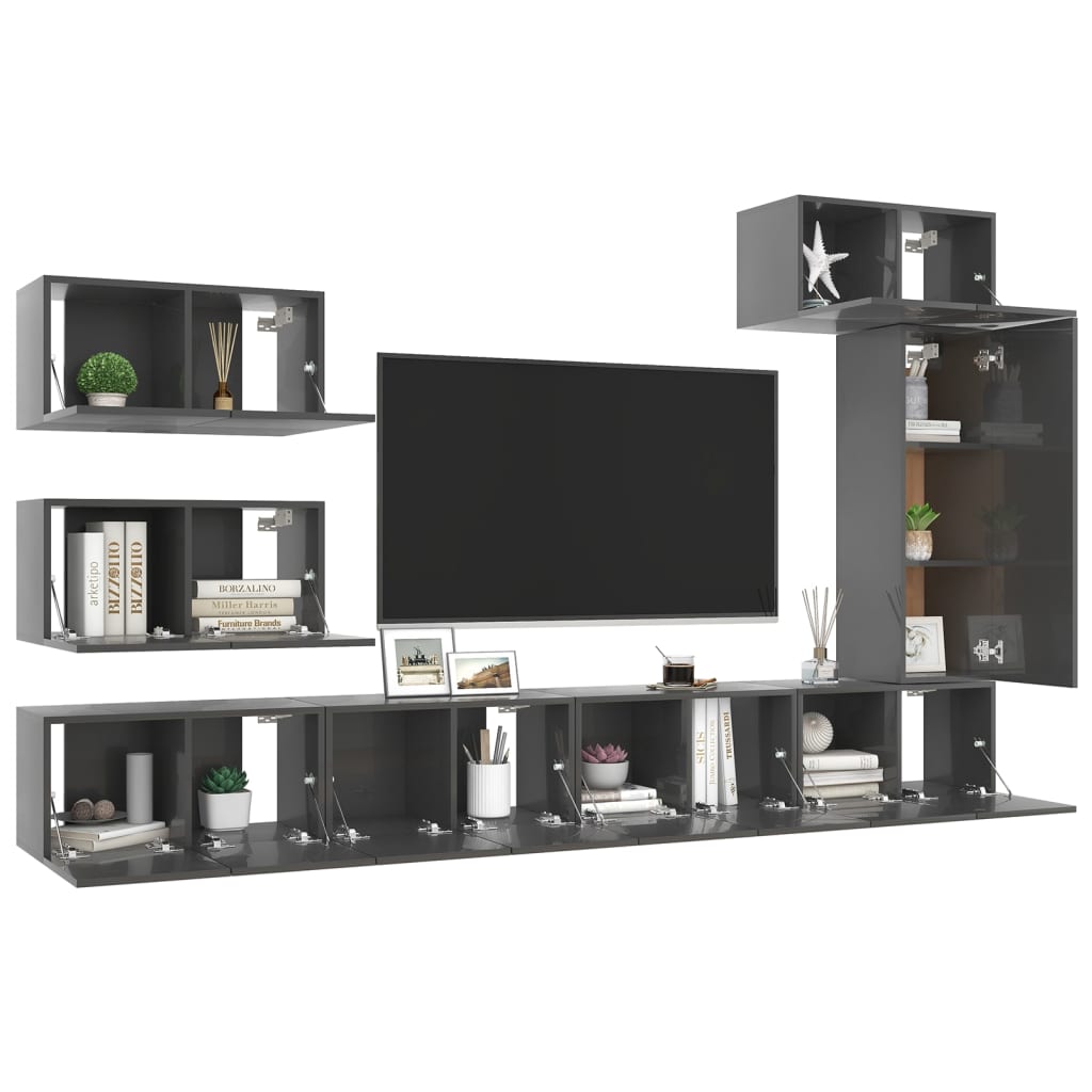 vidaXL Meuble TV, 8 pcs, gris brillant, bois d'ingénierie