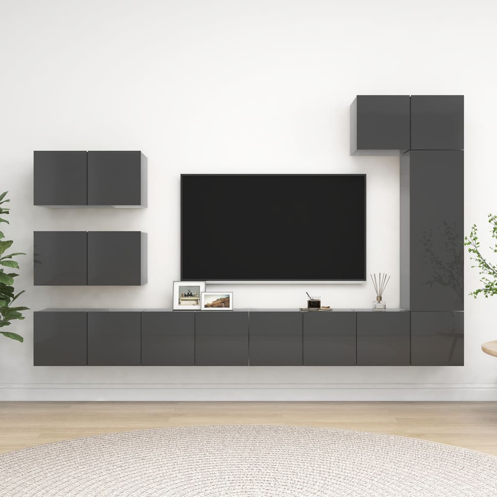 vidaXL Meuble TV, 8 pcs, gris brillant, bois d'ingénierie
