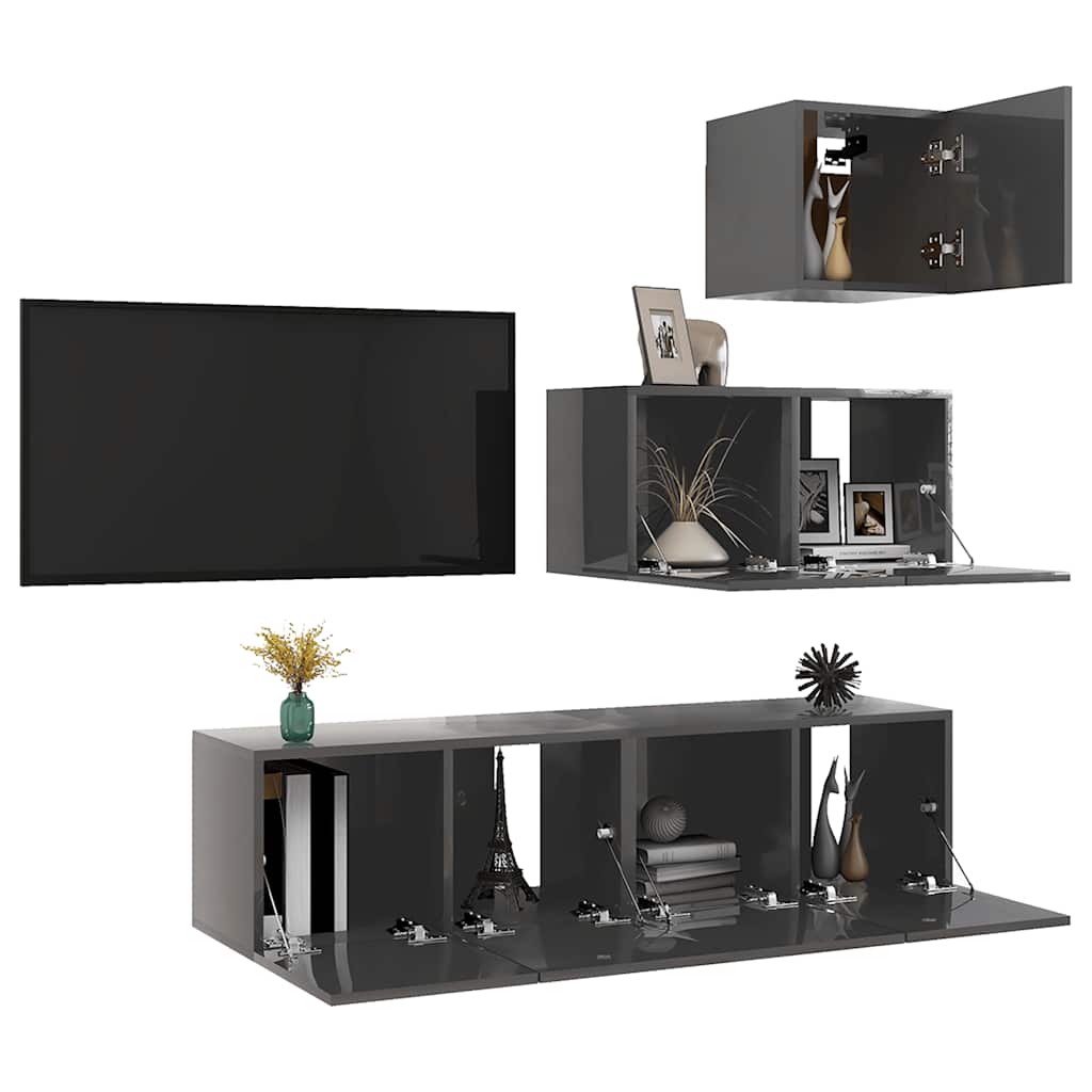 vidaXL 4-tlg. TV-Schrank-Set Hochglanz-Grau Holzwerkstoff