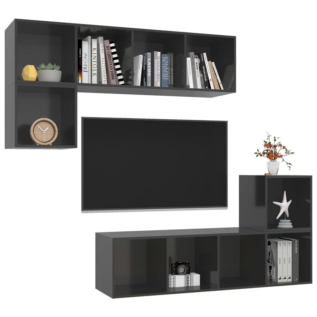 vidaXL Meuble TV 4 pcs Gris brillant Bois d'ingénierie