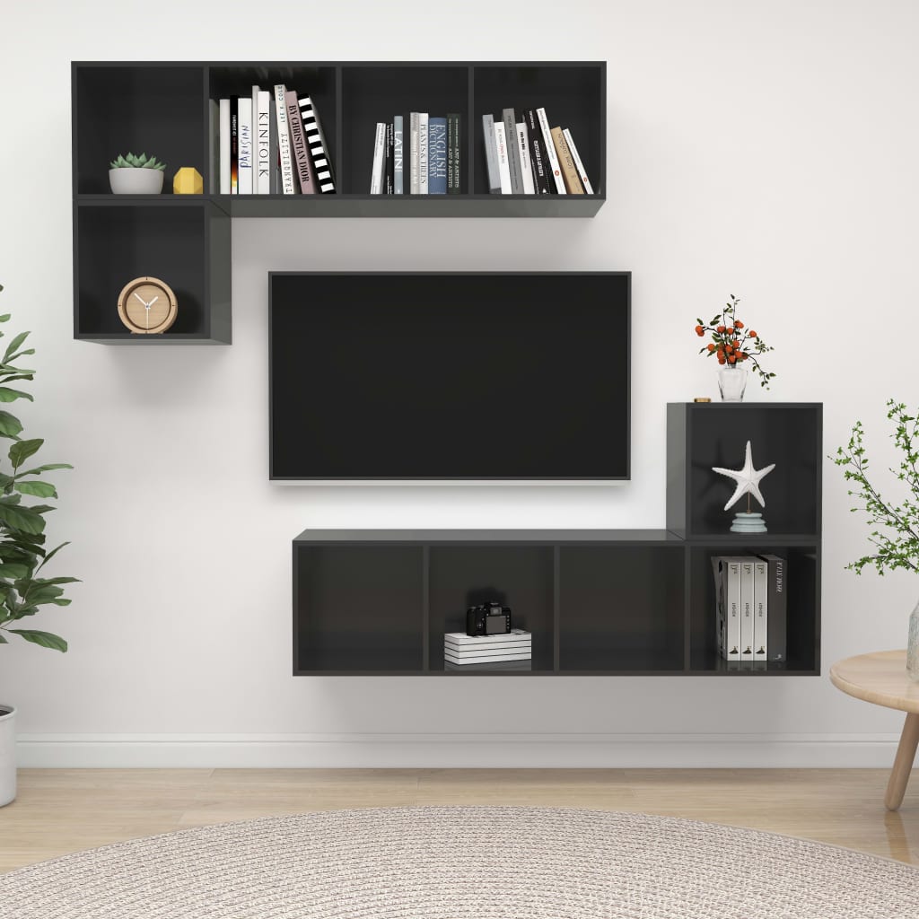 vidaXL Meuble TV 4 pcs Gris brillant Bois d'ingénierie