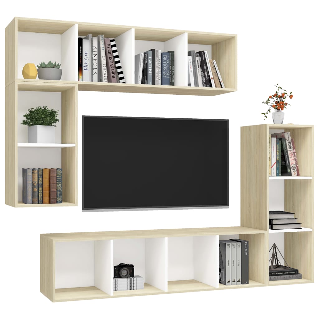 vidaXL 4-tlg. TV-Schrank-Set Weiß Sonoma-Eiche Holzwerkstoff