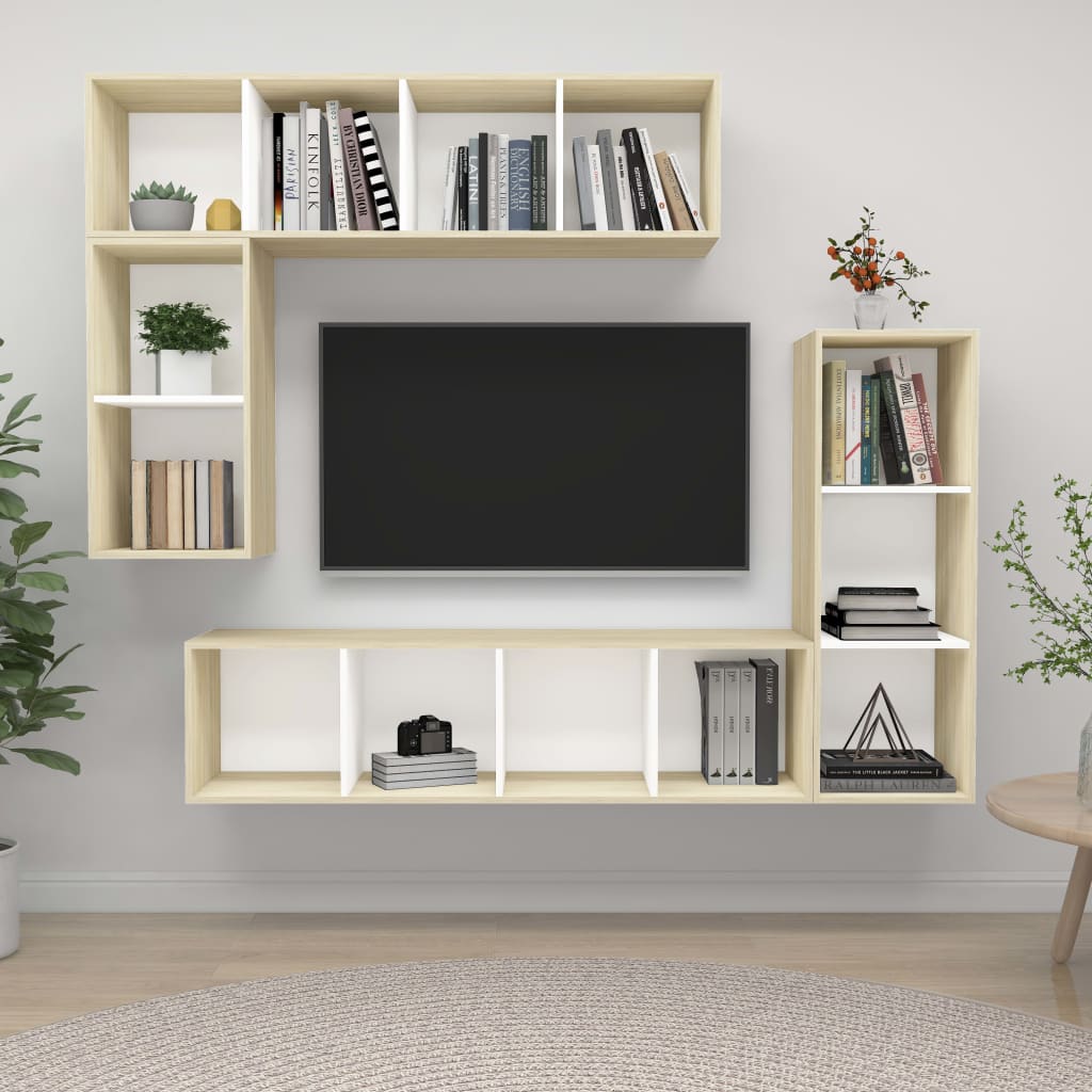 vidaXL 4-tlg. TV-Schrank-Set Weiß Sonoma-Eiche Holzwerkstoff