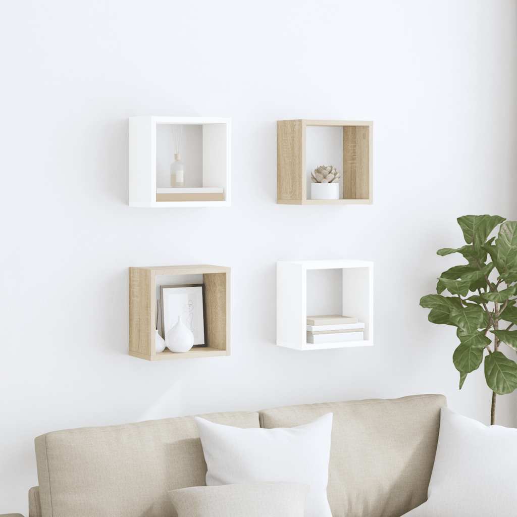 vidaXL Étagères murales cubes 4 pcs Blanc et chêne Sonoma 26x15x26 cm