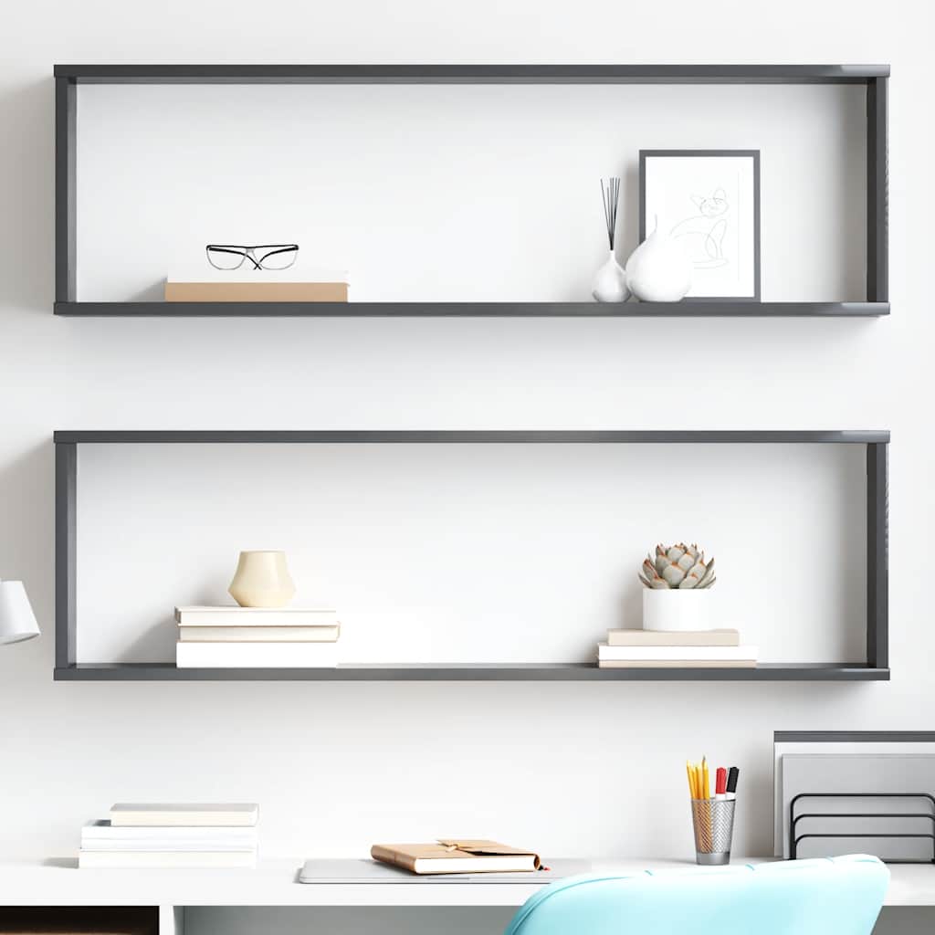 vidaXL Étagères cubes 2 pcs Gris brillant 100x15x30 cm Bois d'ingénierie