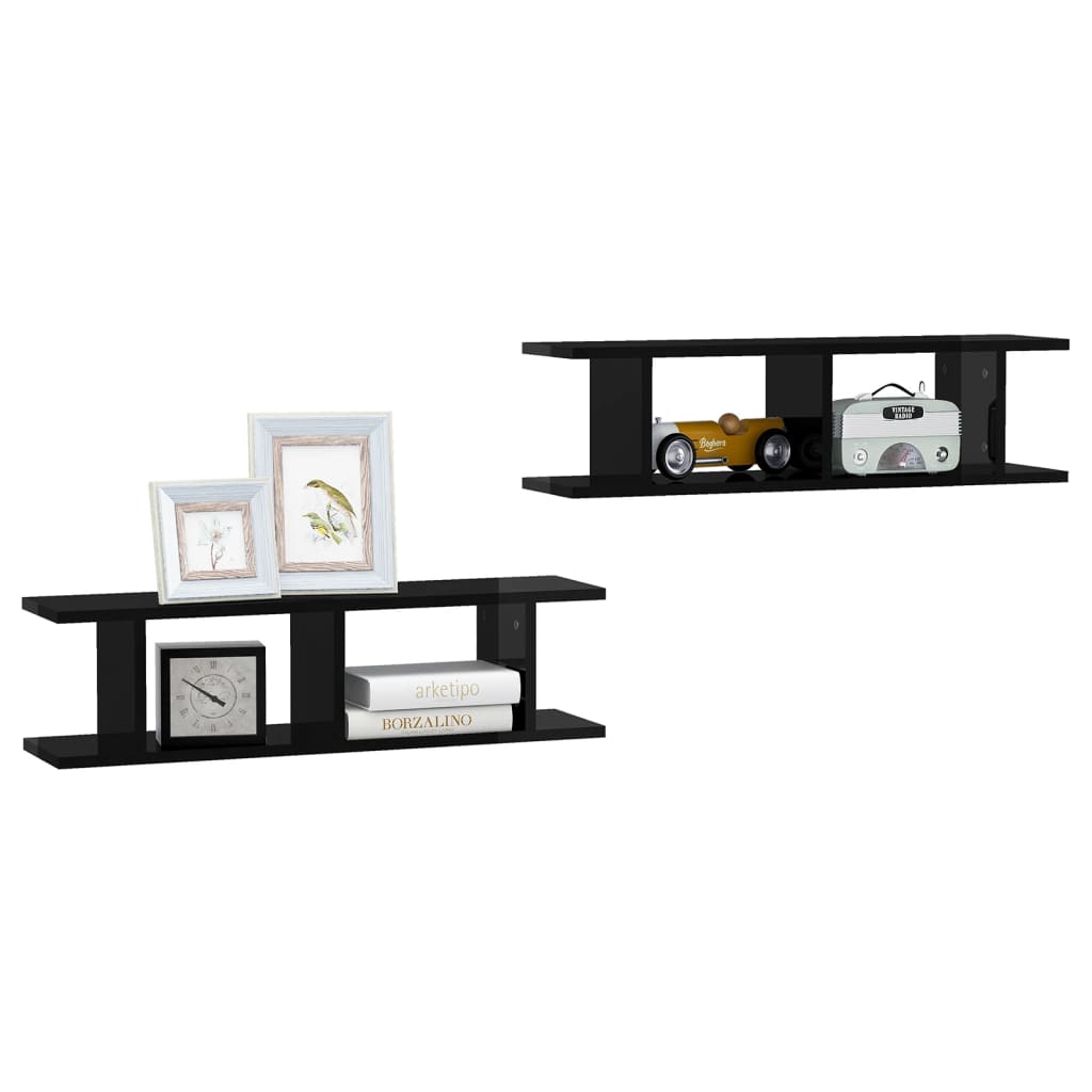 vidaXL Étagères murales 2 pcs Noir brillant 75x18x20 cm Aggloméré