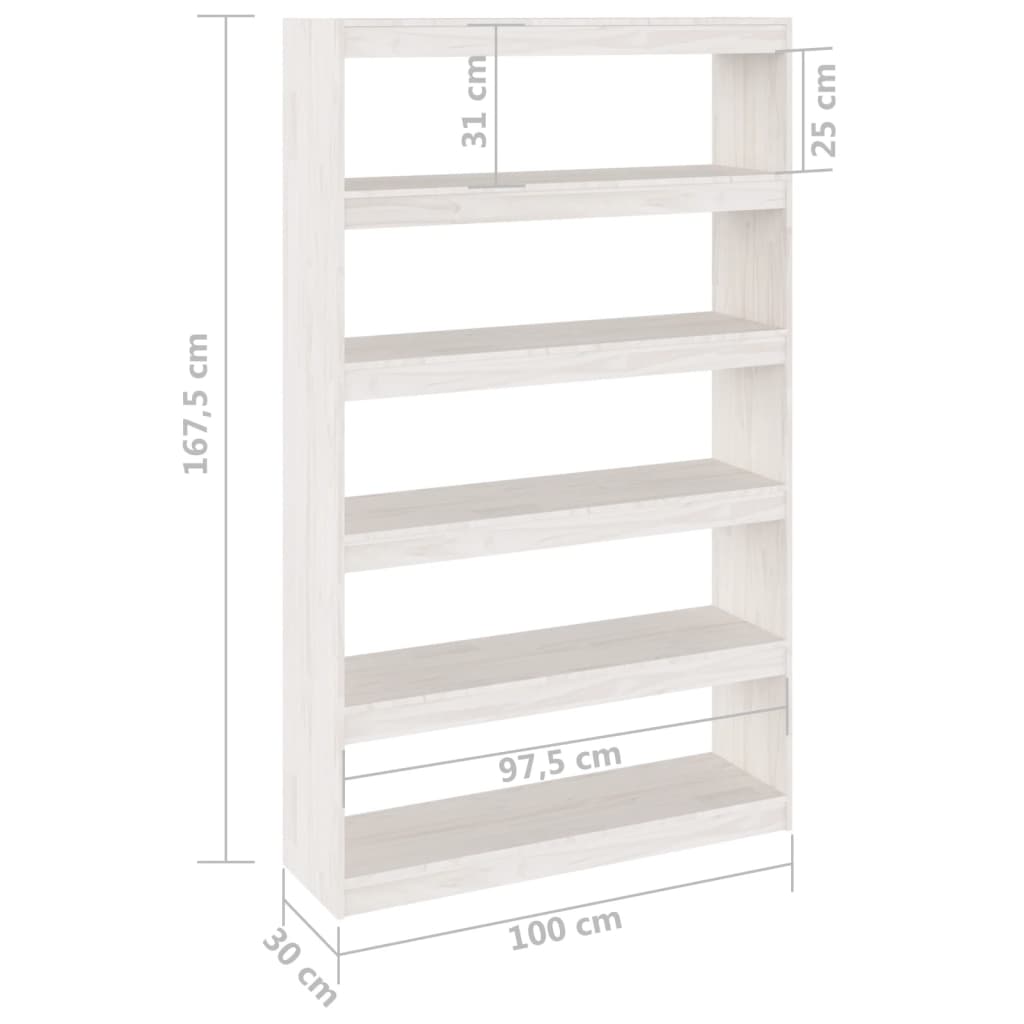 vidaXL Bücherregal/Raumteiler Weiß 100x30x167,5 cm Massivholz Kiefer