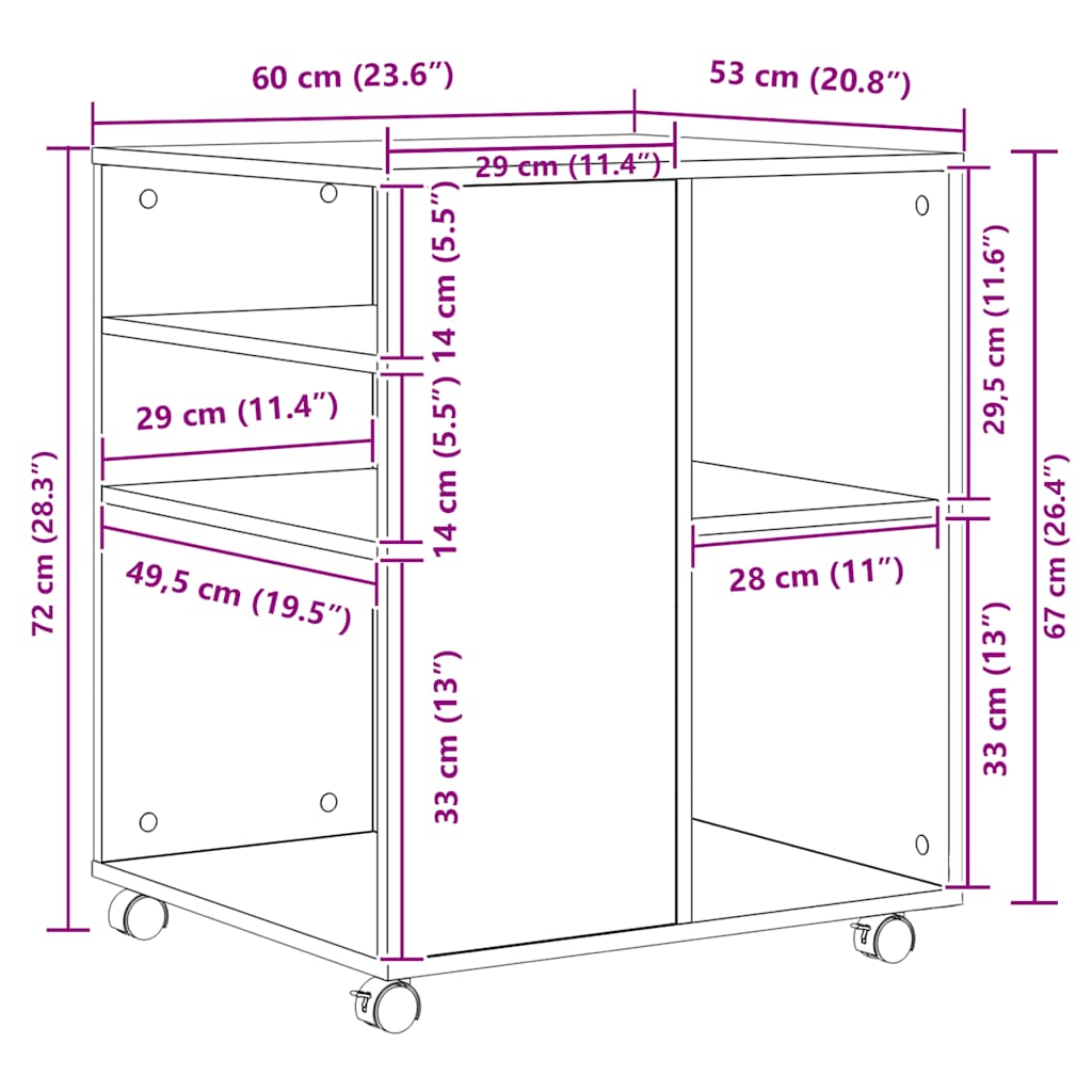 vidaXL Meuble de rangement à roulettes chêne Sonoma 60x53x72 cm Bois d'ingénierie