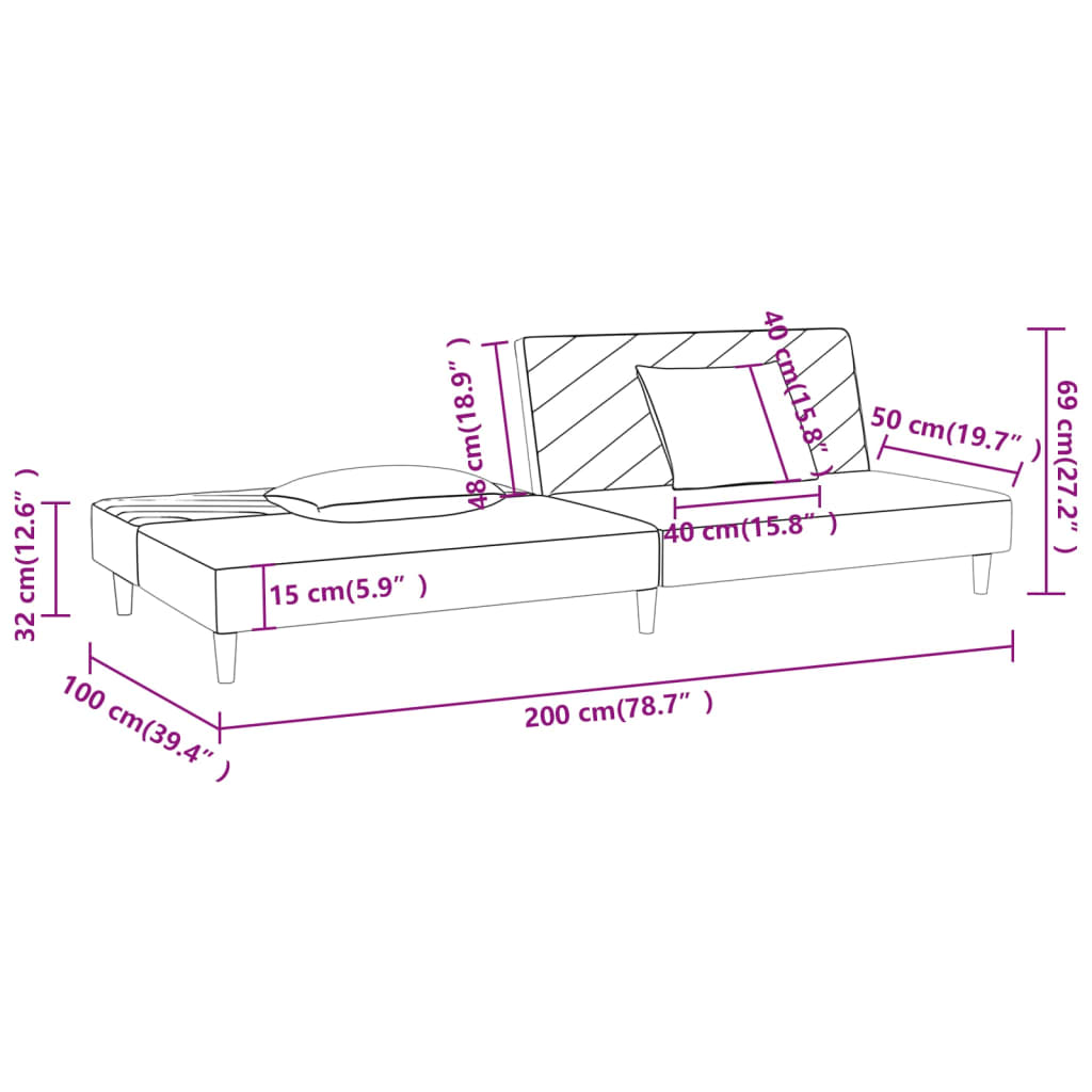 vidaXL Schlafsofa 2-Sitzer mit 2 Kissen Schwarz Stoff