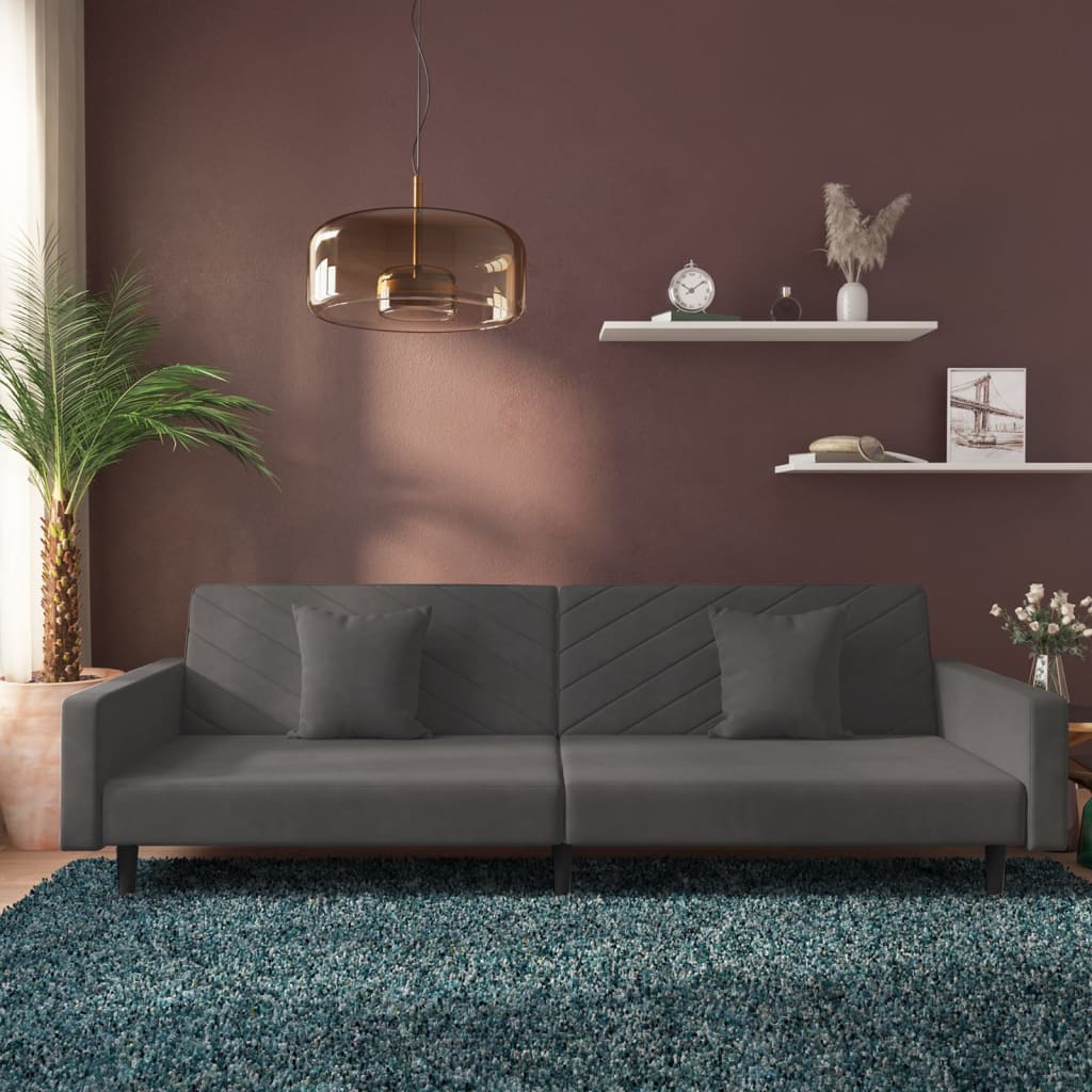 vidaXL Canapé-lit 2 places avec 2 oreillers Velours gris foncé