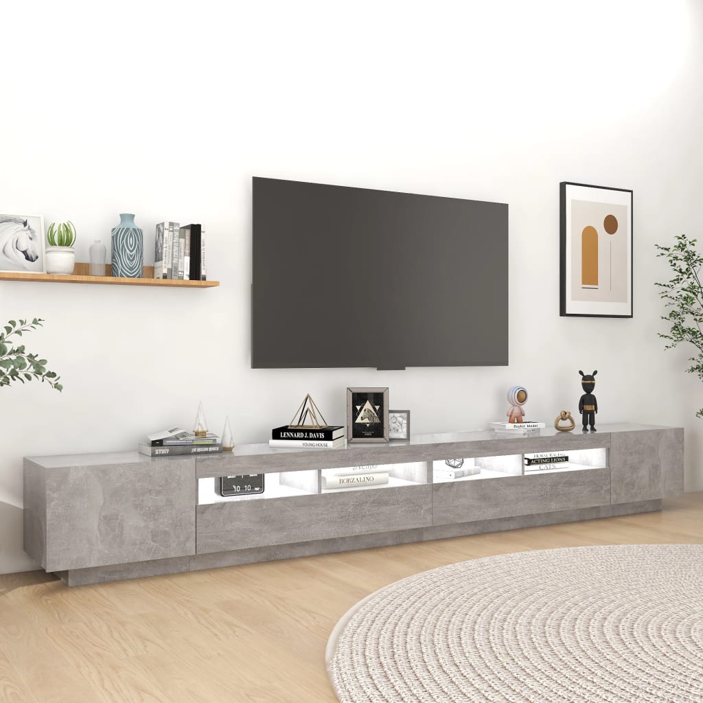 vidaXL Meuble TV avec lumières LED gris béton 300x35x40 cm