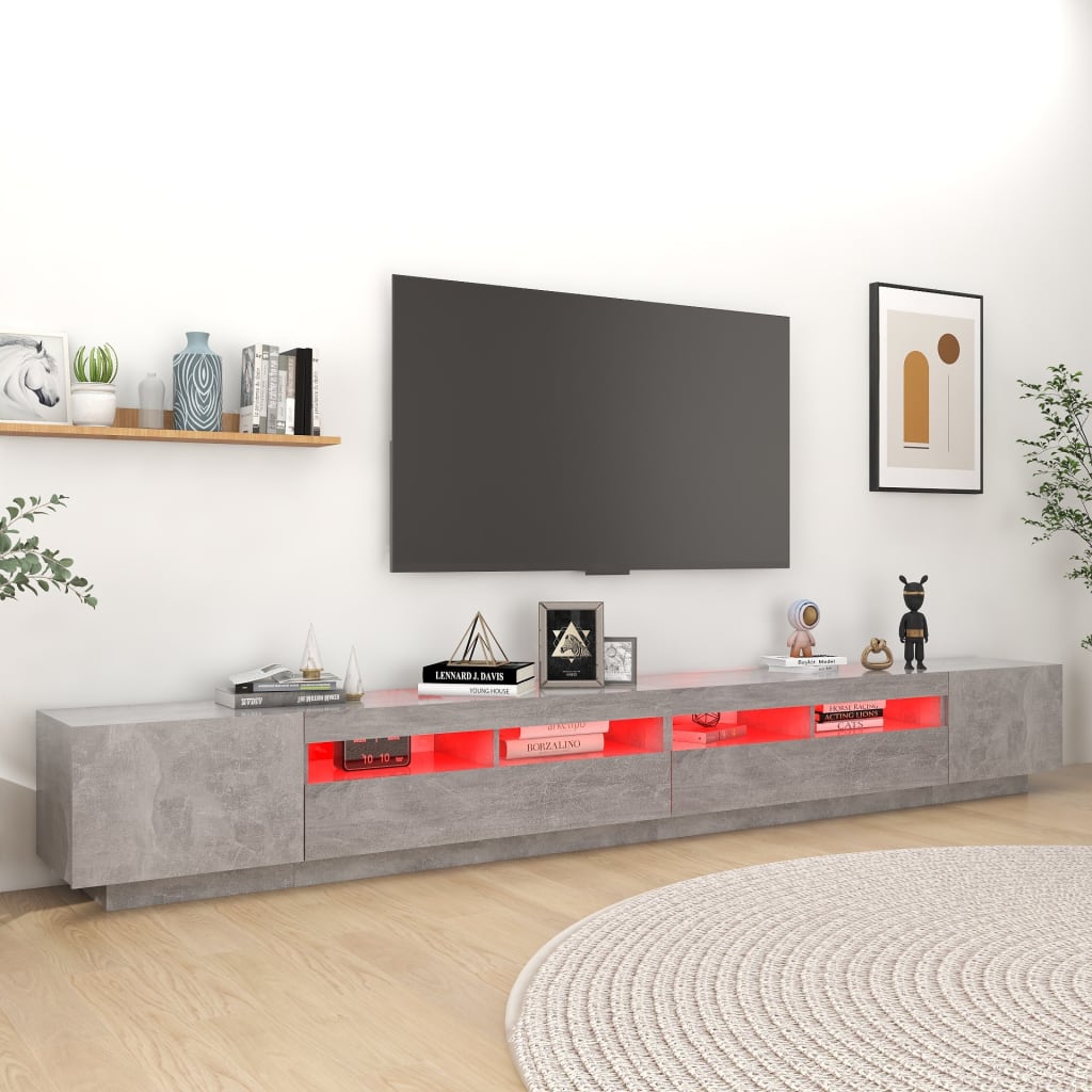 vidaXL Meuble TV avec lumières LED gris béton 300x35x40 cm
