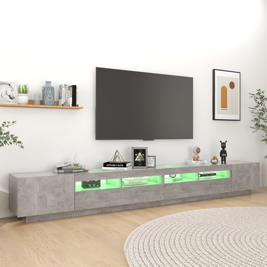 vidaXL Meuble TV avec lumières LED gris béton 300x35x40 cm