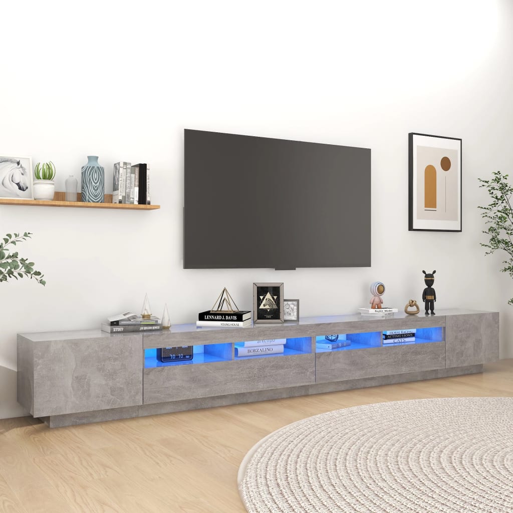 vidaXL Meuble TV avec lumières LED gris béton 300x35x40 cm