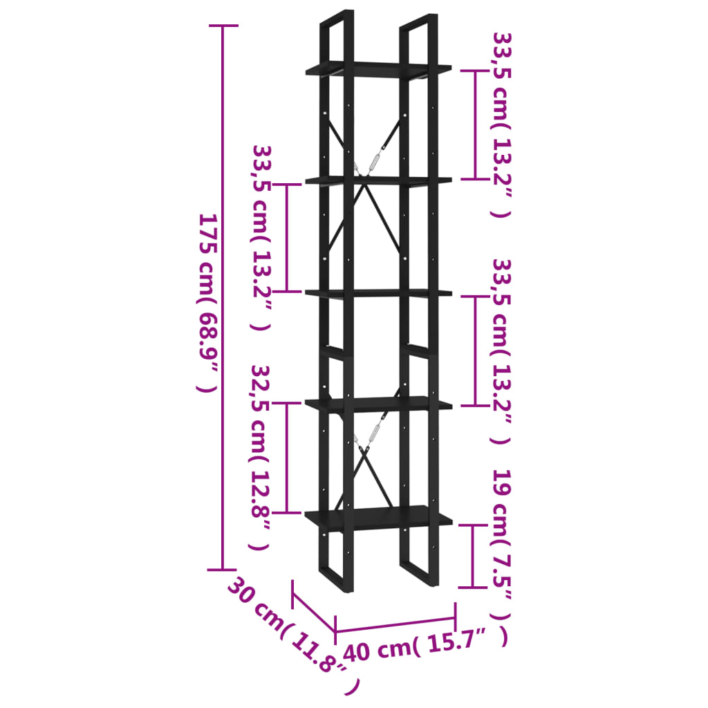 vidaXL Bücherregal 5 Fächer Schwarz 40x30x175 cm Holzwerkstoff