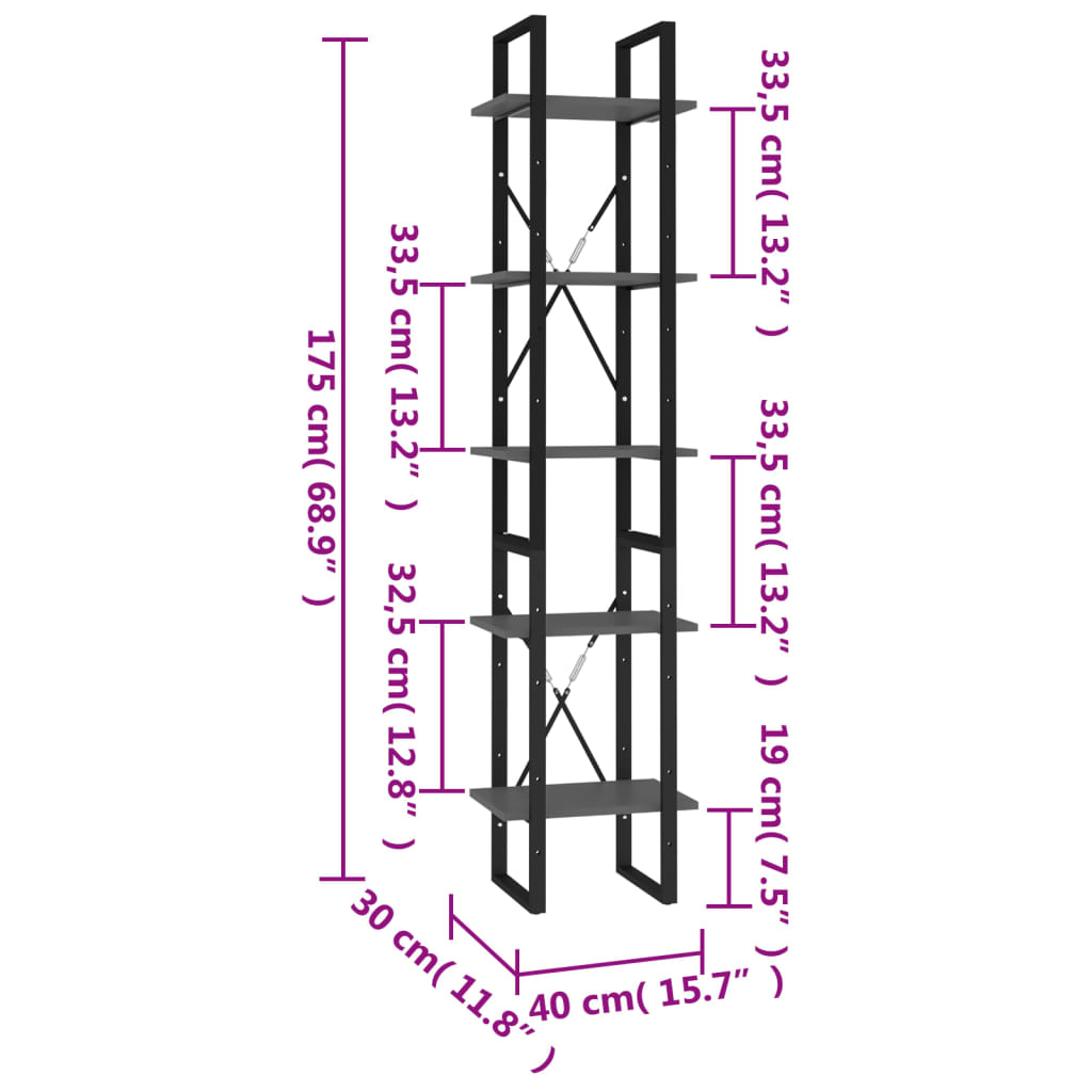 vidaXL Étagère à livres 5 niveaux Gris 40x30x175 cm Bois d'ingénierie