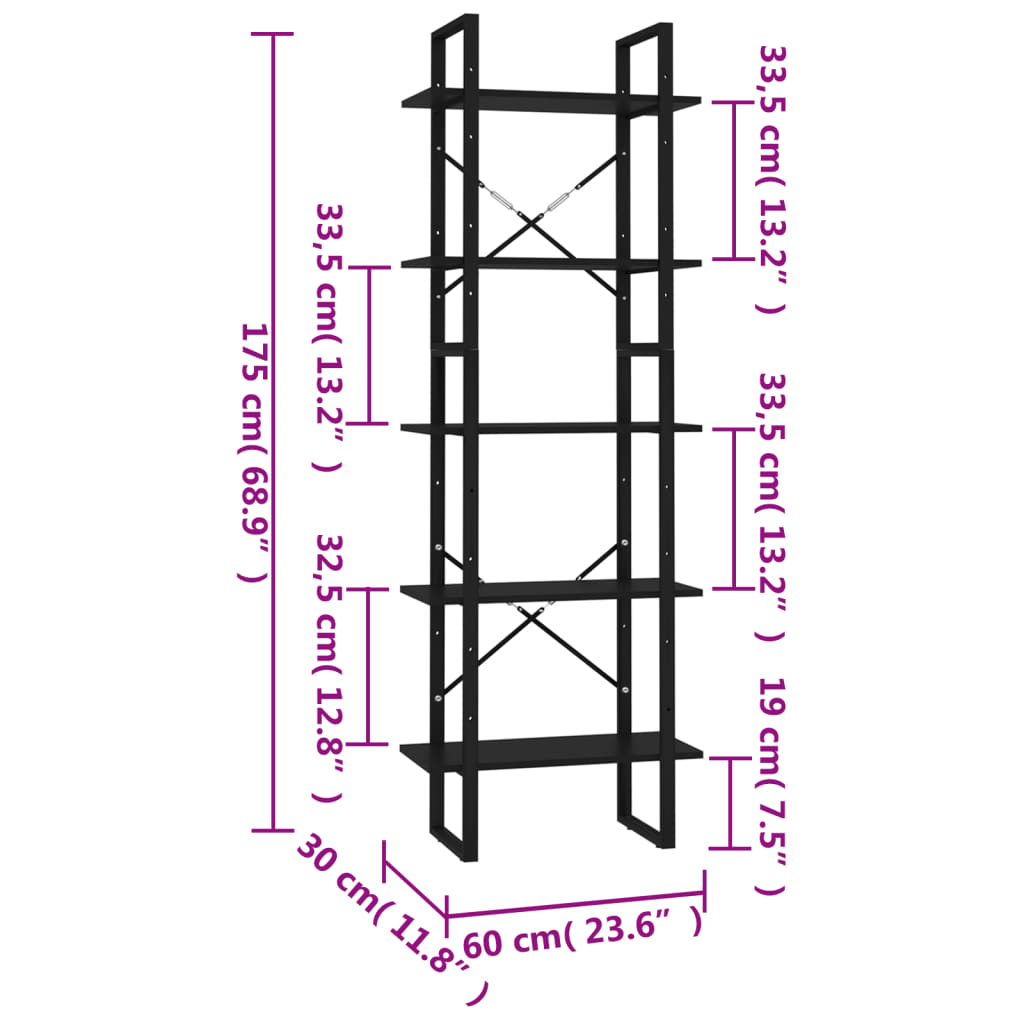 vidaXL Bücherregal 5 Fächer Weiß 60x30x175 cm Holzwerkstoff
