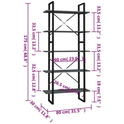 vidaXL Étagère à livres à 5 niveaux gris 80x30x175 cm en bois d'ingénierie