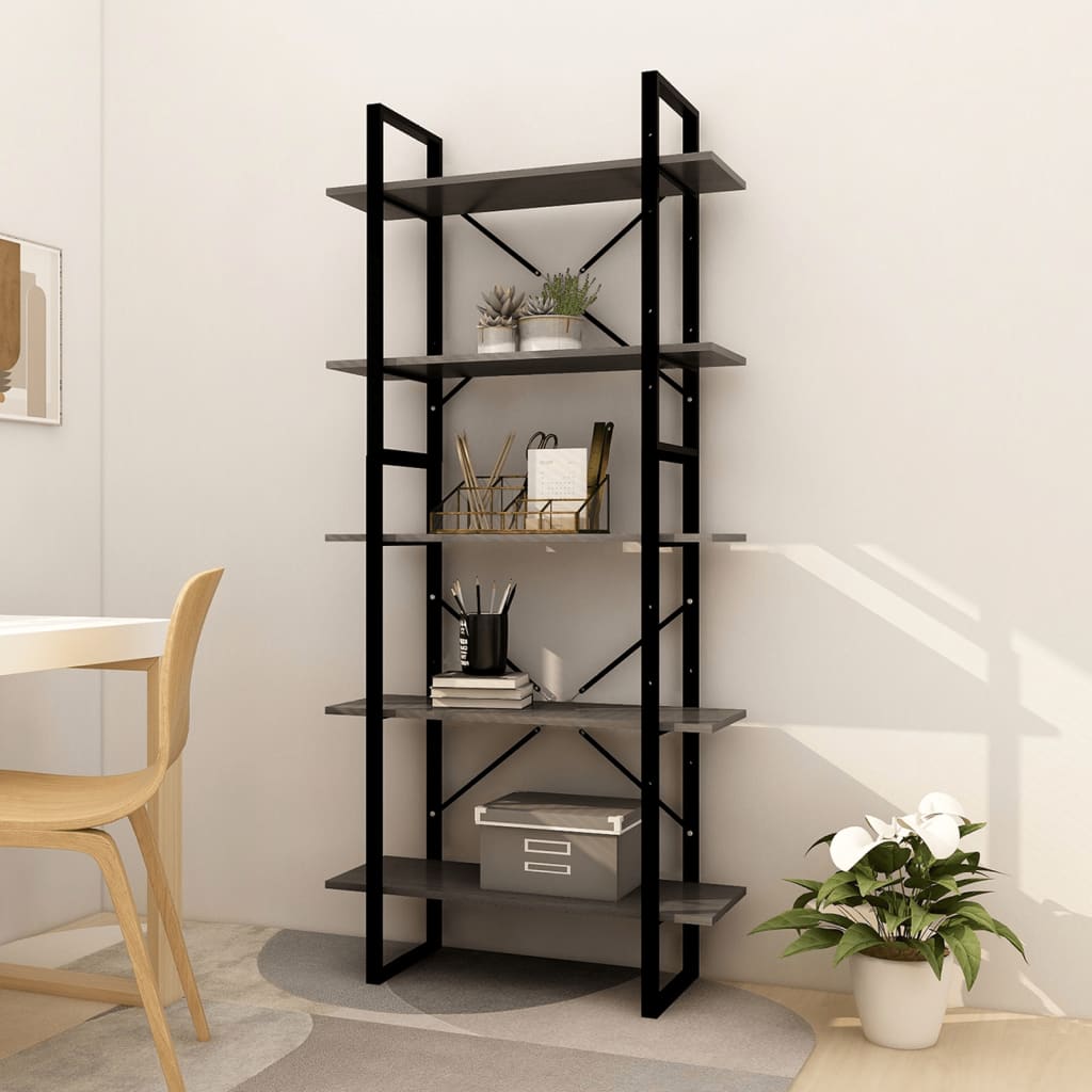 vidaXL Bücherregal 5 Fächer Grau 80x30x175 cm Massivholz Kiefer