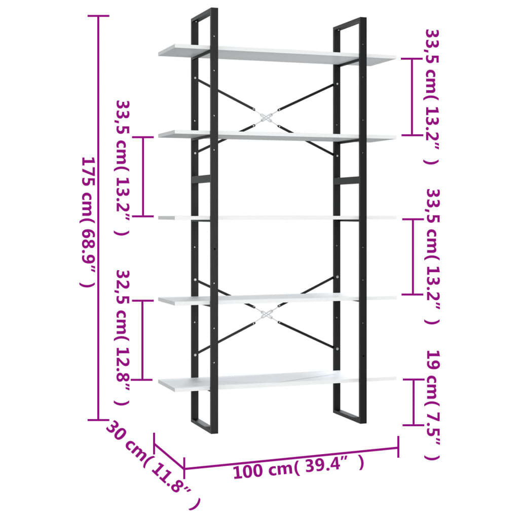 vidaXL Bibliothèque 5 étagères Blanc 100x30x175 cm Bois d'ingénierie