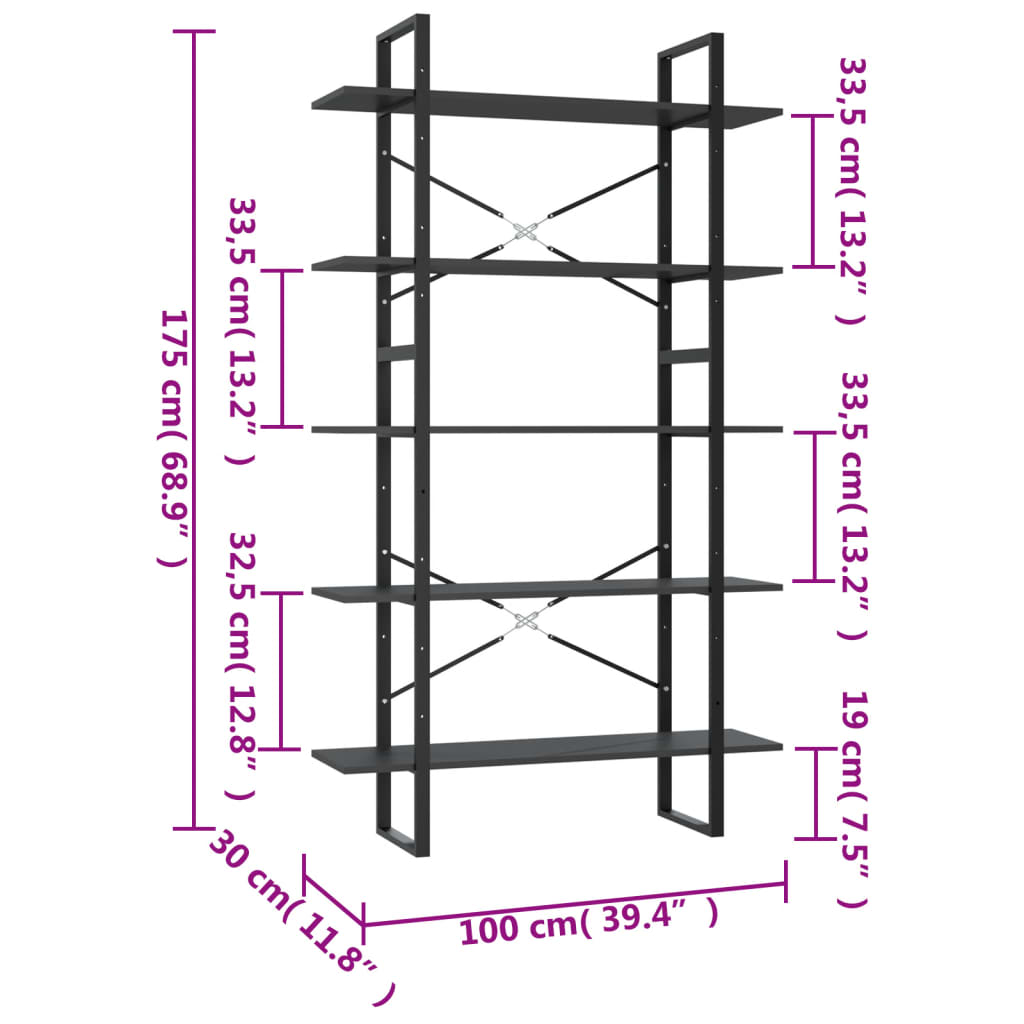 vidaXL Bibliothèque 5 niveaux Gris 100x30x175 cm Bois d'ingénierie