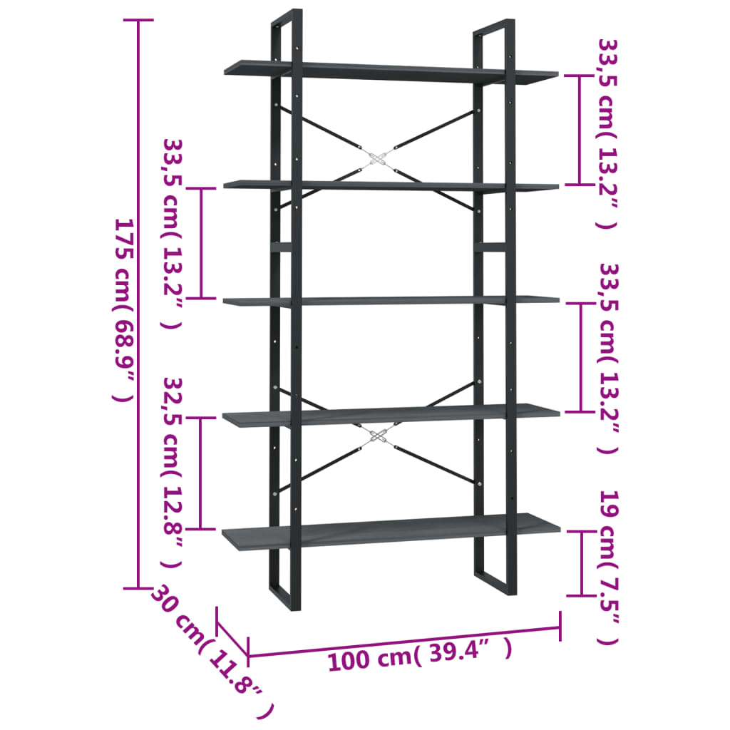 vidaXL Étagère à livres 5 niveaux Gris 100x30x175 cm Bois de pin massif