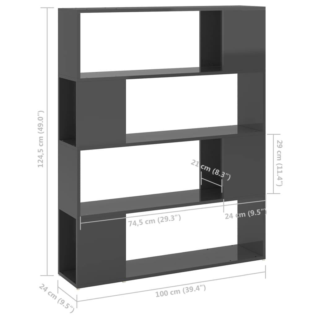 vidaXL Bücherregal Raumteiler Hochglanz-Grau 100x24x124 cm