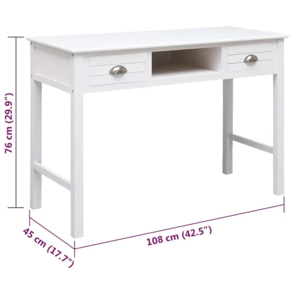 vidaXL Bureau blanc 108x45x76 cm Bois de paulownia massif