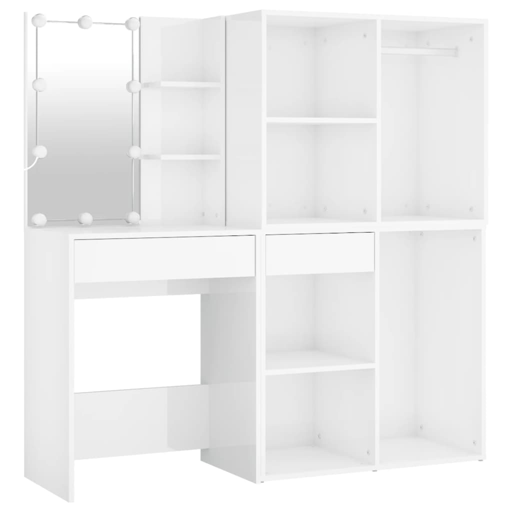 vidaXL LED-Schminktisch mit 2 Schränken Hochglanz-Weiß Holzwerkstoff
