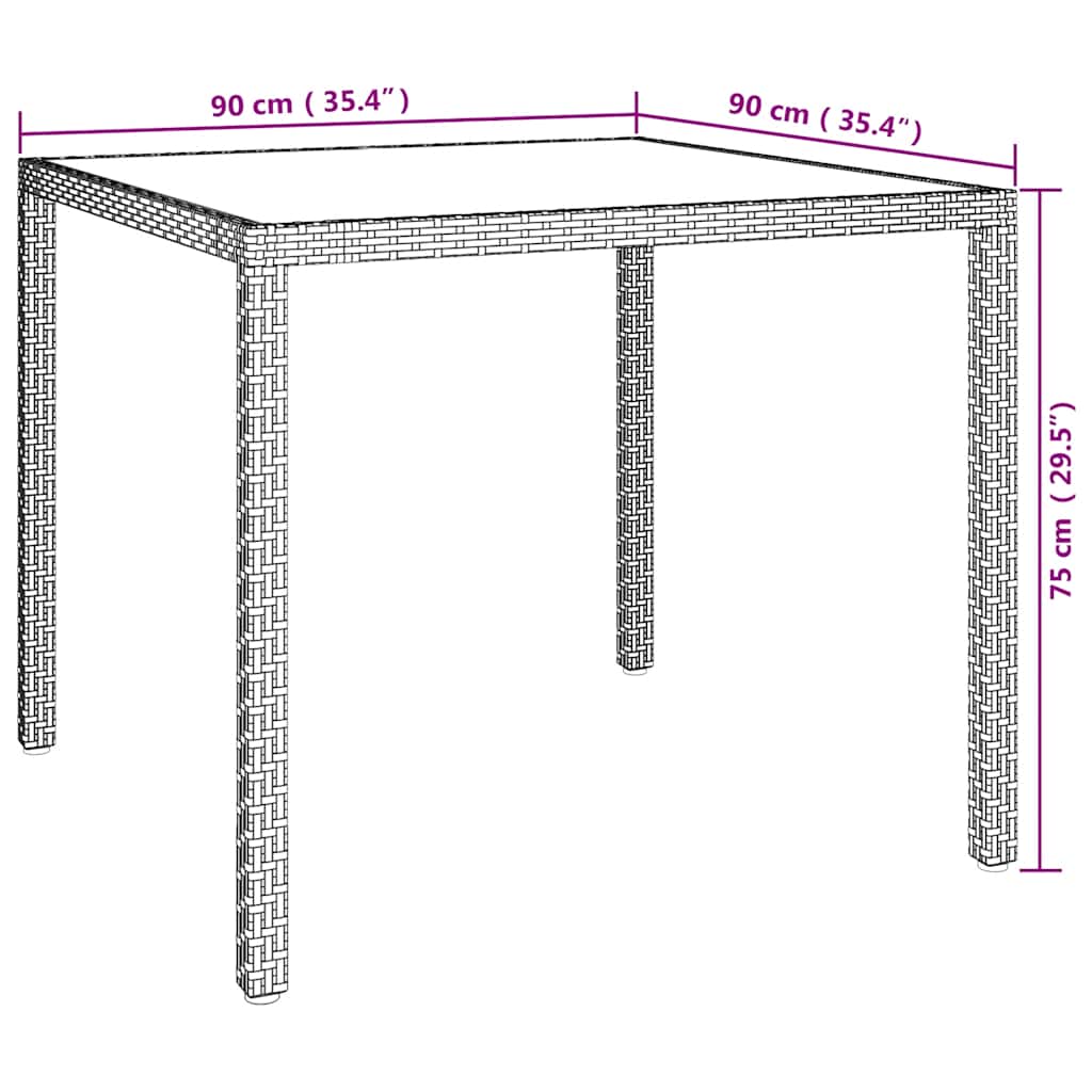 vidaXL Gartentisch 90x90x75 cm Gehärtetes Glas Poly Rattan Braun