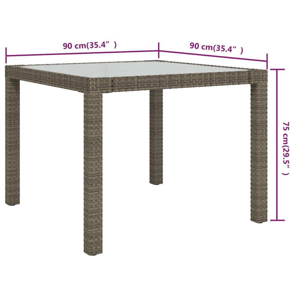 vidaXL Gartentisch 90x90x75 cm Gehärtetes Glas Poly Rattan Grau