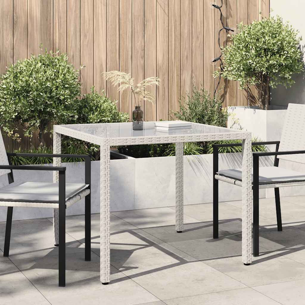 vidaXL Gartentisch 90x90x75 cm Gehärtetes Glas Poly Rattan Weiß