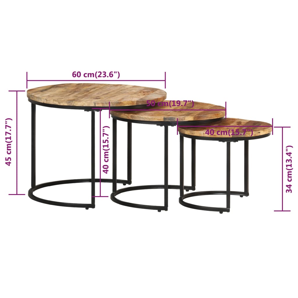 vidaXL Satztische 3 Stk. Rohes Mangoholz