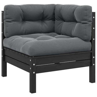 vidaXL Canapé d'angle de jardin avec coussins noir Bois de pin massif