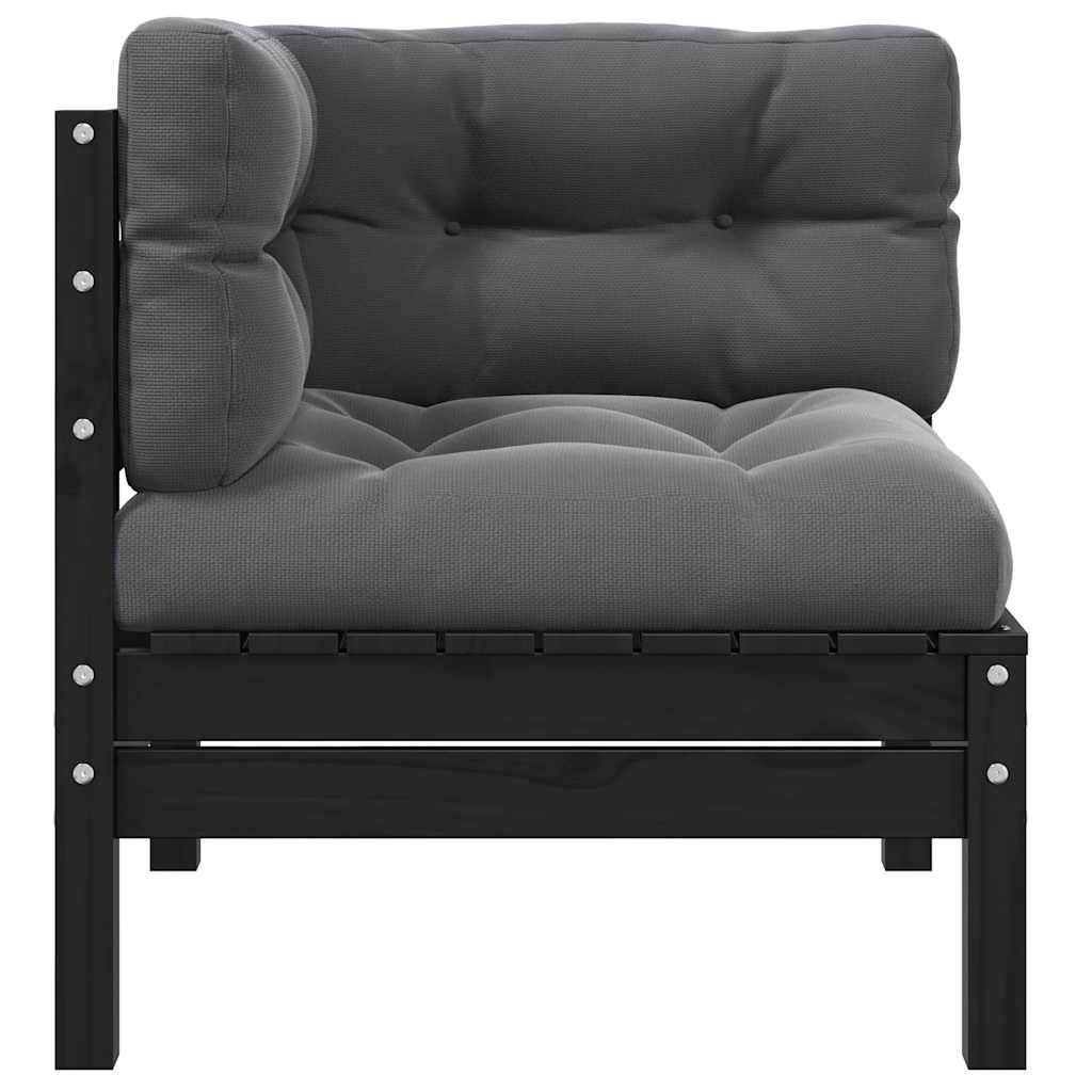 vidaXL Canapé d'angle de jardin avec coussins noir Bois de pin massif