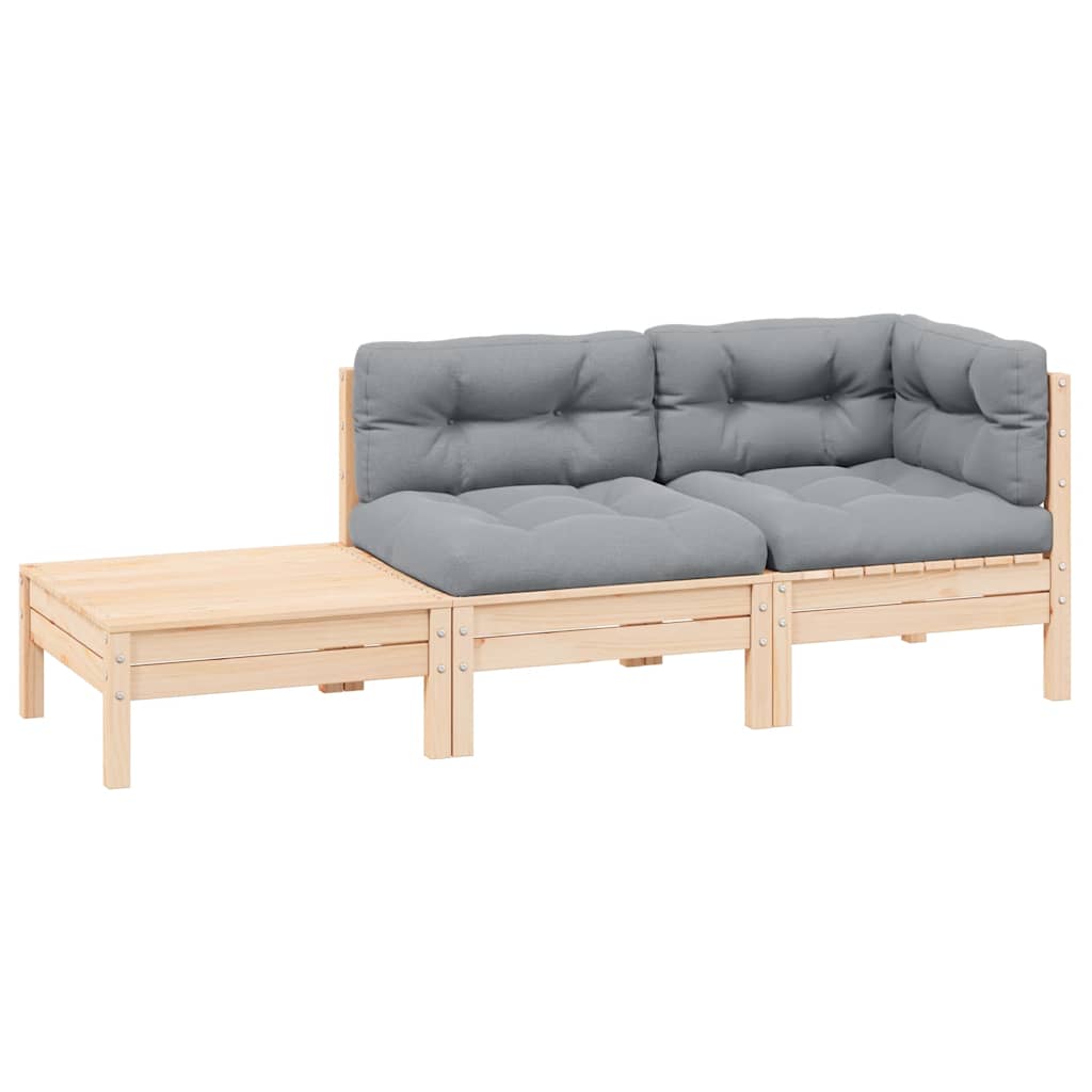 3-tlg. Garten-Lounge-Set mit Grauen Kissen Kiefer Massivholz