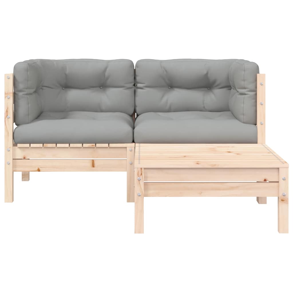 vidaXL Salon de jardin 3 pièces avec coussins gris Bois de pin massif