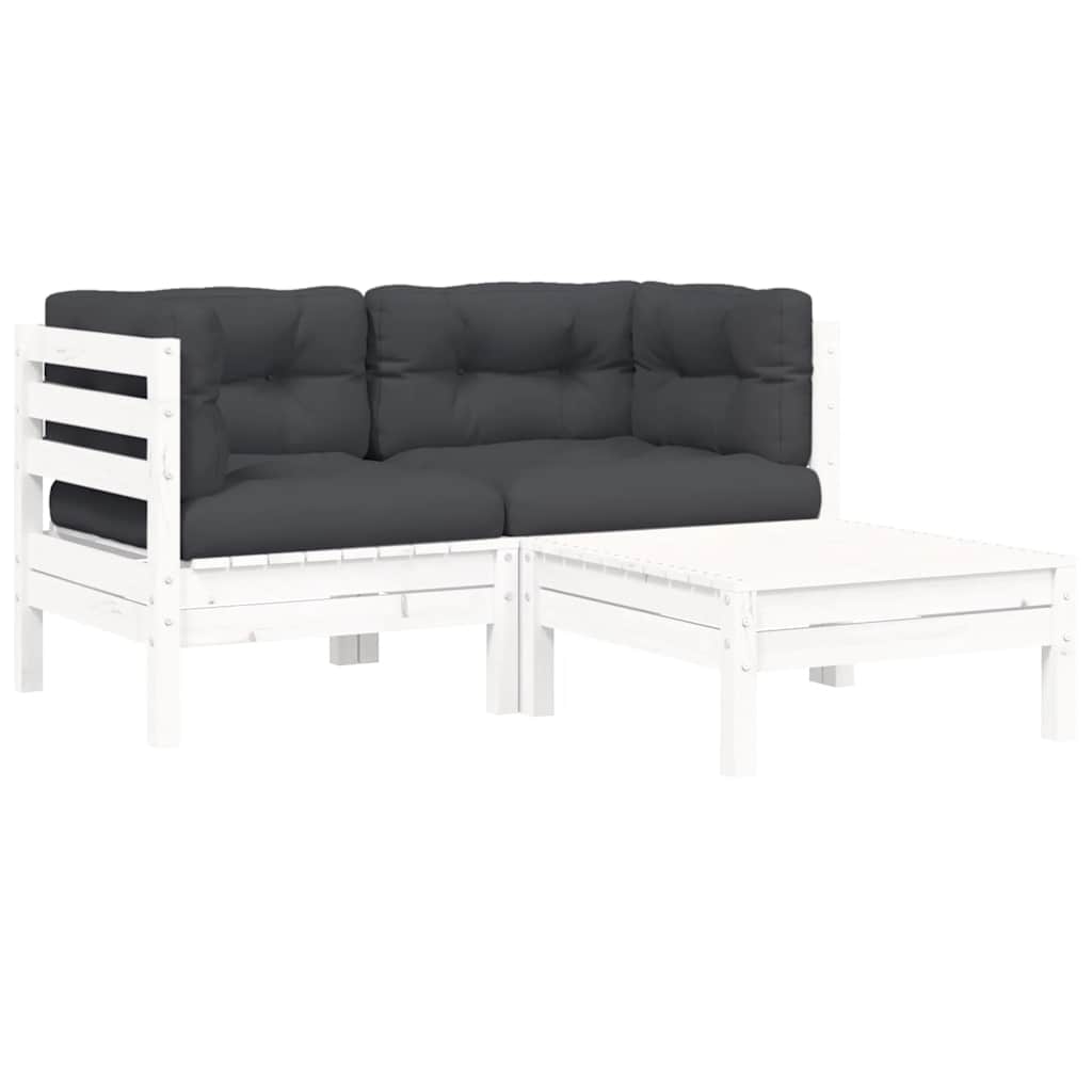 vidaXL Salon de jardin 3 pcs avec coussins Blanc Bois de pin massif
