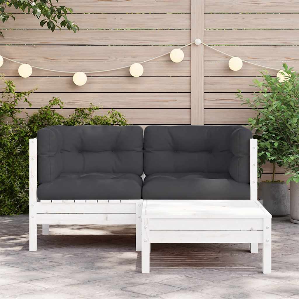 vidaXL Salon de jardin 3 pcs avec coussins Blanc Bois de pin massif