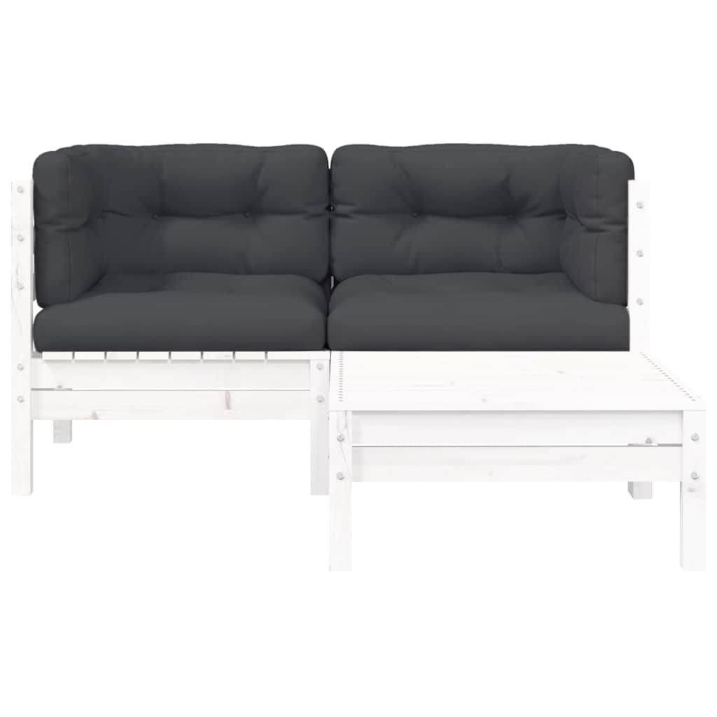 vidaXL Salon de jardin 3 pcs avec coussins Blanc Bois de pin massif