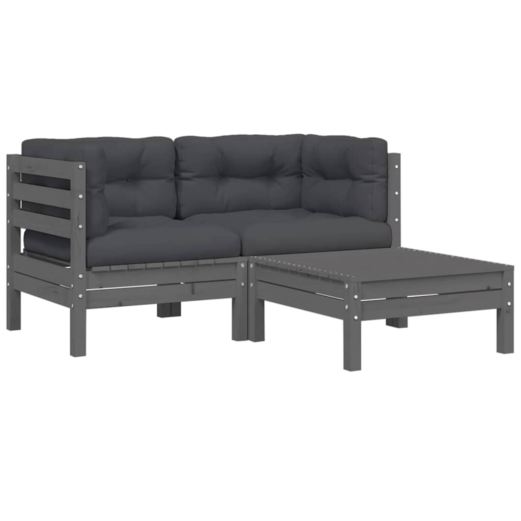 vidaXL Salon de jardin 3 pièces avec coussins Gris Bois de pin massif