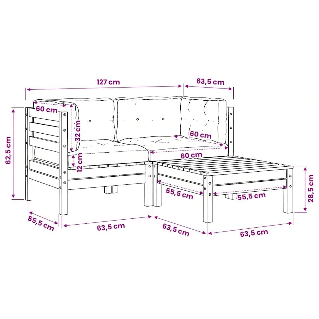 vidaXL Salon de jardin 3 pcs avec coussins crème Bois de pin massif